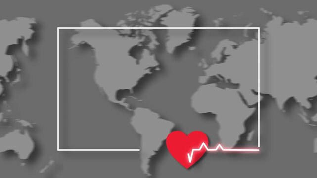 Animation of a healthcare concept featuring a blurred world map background, square frame, heart icon, and ECG heartbeat line.