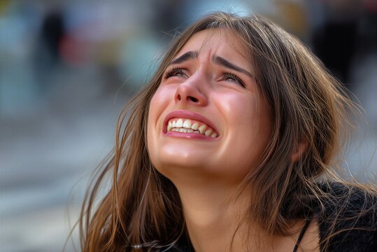 Desperate crying woman looking up &ndash; grief, disappointment and emotional pain close-up portrait