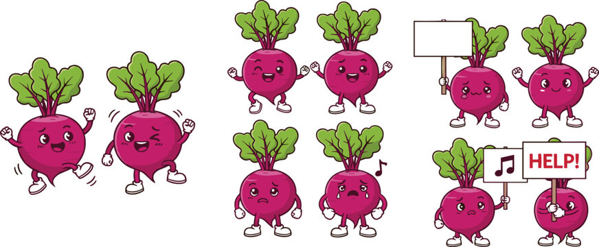 Cute Beetroot Characters Set with Emotions, Kawaii Vegetable Cartoon Collection