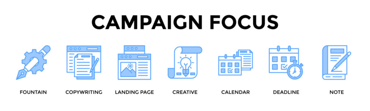 Campaign Focus Banner Web Icon Set Collection Pack Vector Illustration Concept For Build Focused Campaigns From Concept Writing To Conversion Ready Launch