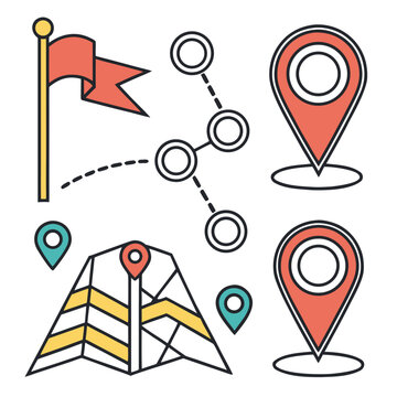Collection of travel icons featuring flag map pins route path and paper airplane for journey planning and exploration vector graphics.