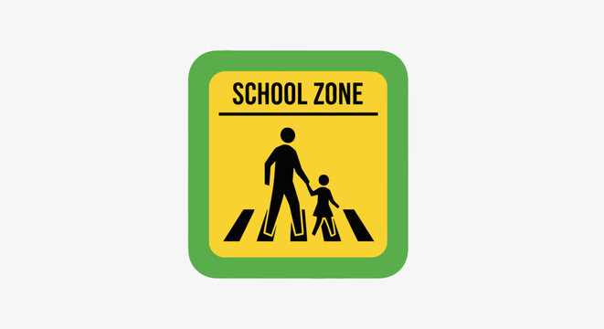 A school zone road sign featuring a parent and child crossing a crosswalk