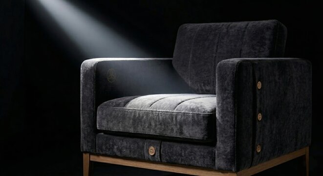 You said
A modern minimalist armchair in Charcoal grey velvet. Illuminated by a thin beam of light in a dark room.