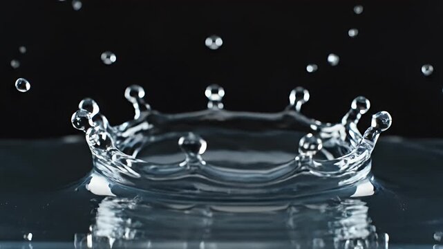 A clear water splash forms a crown-like shape against a dark background