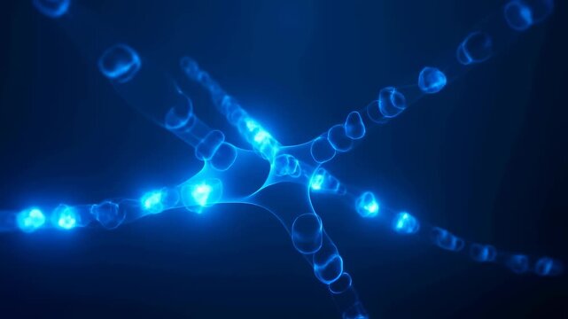 Abstract blue neural network animation showcasing interconnected neurons. Visual representation of brain activity and neural communication in technology and science