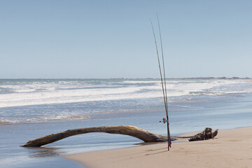 Two long surf fishing rods placed upright in sand holders on a wide sandy ocean beach. The rods stand close to the shoreline where waves move toward the sand. © Ekaterina