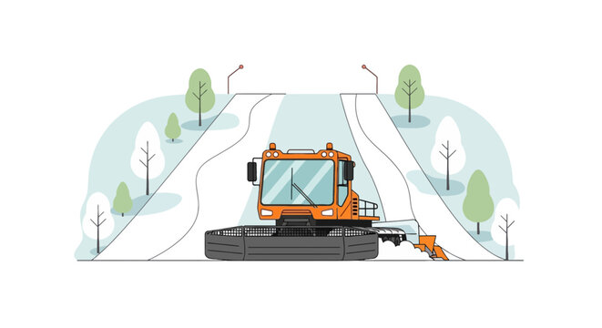 An orange snowcat grooming a white ski slope with trees in a wintery scene