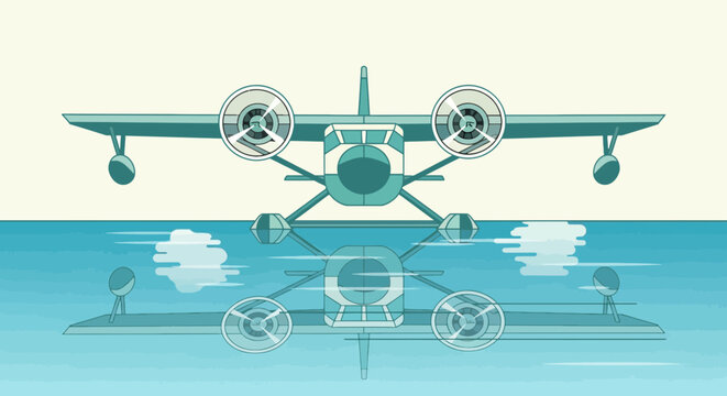 Illustration of a seaplane, its reflection in water. Sky with clouds, simple style