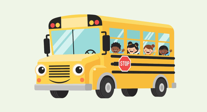 A friendly yellow school bus with children waving from the windows