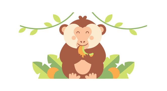 A cheerful cartoon monkey eats a banana, surrounded by stylized jungle foliage