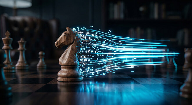 Wooden chess knight moving with digital pixel light trails, digital transformation and business agility concept