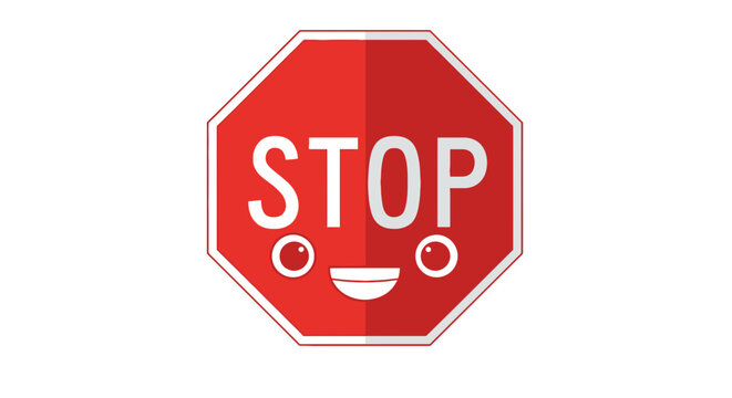 A friendly cartoon stop sign with eyes, smile, and white text on a white background