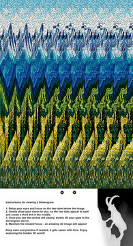Optical illusion stereogram with hidden 3D shape of a mountain goat climbing a steep slope, with instruction.