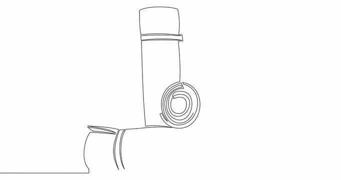 Self drawing line animation Roll of camping or fitness carpet. Yoga floor mat symbol continuous line drawn concept video