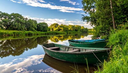 Obraz premium Scenic summer river landscape, featuring boats, trees, and cloudy sky