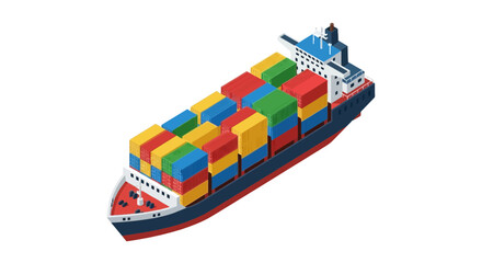 Isometric illustration of a cargo ship carrying colorful shipping containers © ajji