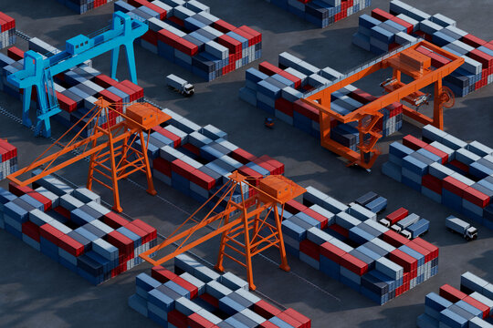 3D Port Crane Network with stacked container logistics