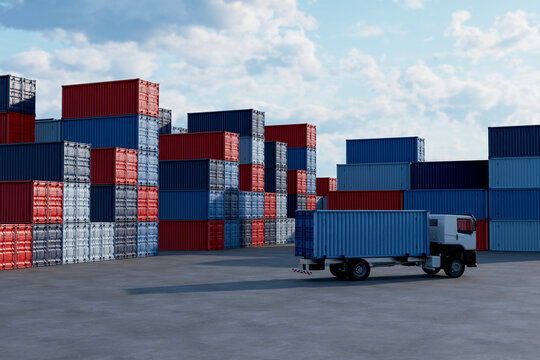3D Cargo Truck Terminal with container stack and depot