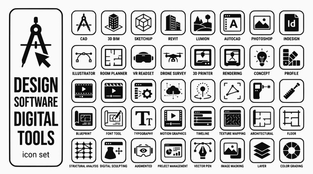 Design Software Digital Tools Bold Line Icons-CAD Software Plan BIM Model 3D SketchUp Geometry Revit Building Lumion Render AutoCAD Photoshop InDesign-15 Design Software Icon Set Vector - Digital Tool