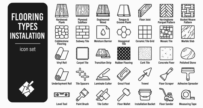 Flooring Types Installation Bold Line Icons-Solid Hardwood Plank Engineered Oak Stone Flagging Polished Concrete Ceramic Tile LVT Vinyl Herringbone Parquet-15 Flooring Icon Set Vector - Installation I
