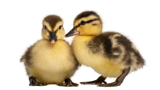 Two fluffy yellow ducklings with dark eyes and orange beaks curiously looking towards each other, isolated on transparent background for springtime designs