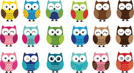 Obraz premium Cute Owl Characters Set with Colorful Designs, Kawaii Bird Cartoon Collection