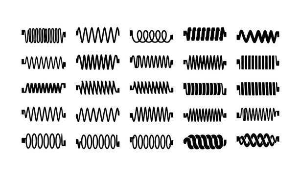Minimal spiral spring vector icons with geometric coil shapes and clean flexible metal helix silhouettes