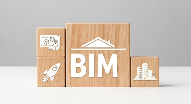 Several wooden blocks arranged in a step pattern display BIMI text and various architectural and technological icons.