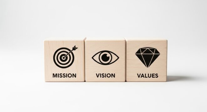 Wooden blocks with mission vision values text and icons isolated on transparent background