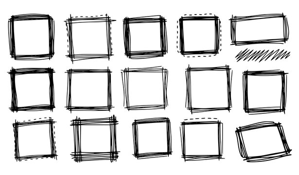 Doodle sketch frames vector collection with playful hand drawn square and rectangle borders for creative layouts