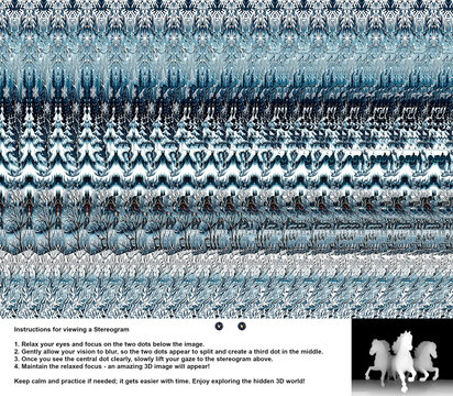 Optical illusion stereogram with hidden 3D shape of three running horses.