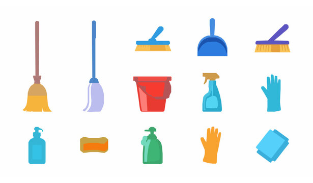House cleaning tools vector set with broom mop dustpan and household hygiene equipment cartoon icons