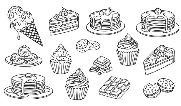 Hand drawn dessert icons vector collection with cake ice cream cookies and sweet bakery doodle elements