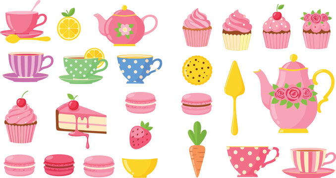 Cute Tea Party Desserts and Tableware Collection with Cups, Teapot, Cupcakes and Sweets, Kawaii Food Vector Illustration Set