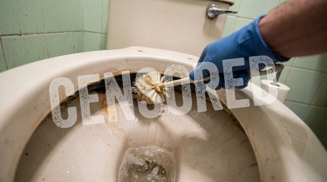 Vue &agrave; la premi&egrave;re personne d'une main gant&eacute;e de bleu frottant l'int&eacute;rieur d'une cuvette de toilettes d&eacute;go&ucirc;tante avec une brosse