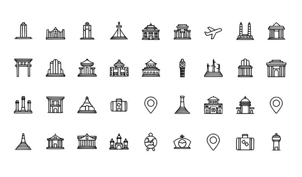 Minimal travel landmark icons vector set with world monuments and tourism destination symbols