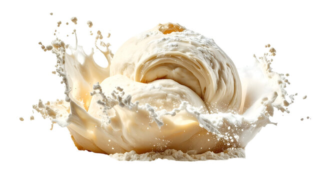 Creamy scoop of ice cream exploding into a splash of milk against a black backdrop