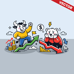 Fototapeta premium Successful Bull Trader and Sad Bear Investor Mascot with Upward and Downward Financial Chart Arrows Stock Market Performance Profit and Loss Comparison Concept Vector Illustration