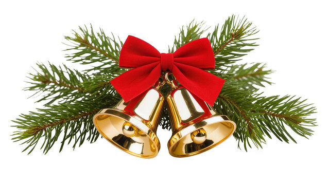 Glistening golden Christmas bells adorned with a vibrant red satin bow gracefully intertwined with lush green fir branches, isolated on transparent background for festive designs