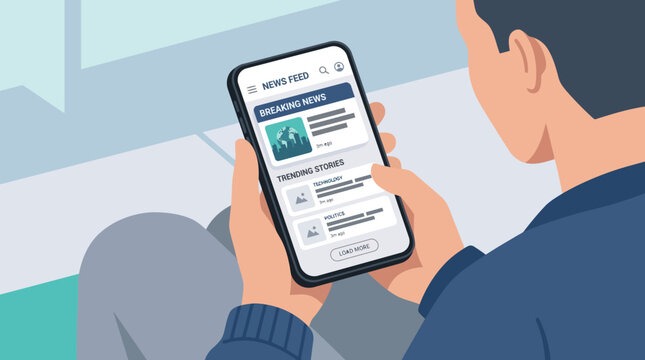 Flat design vector illustration of a man reading a breaking news feed app on a smartphone with trending stories
