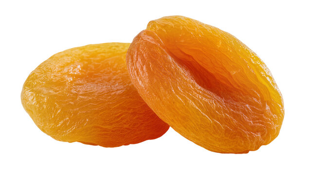 Two wrinkled golden-orange dried apricots showcasing their natural texture and vibrant color, isolated on transparent background for healthy food designs