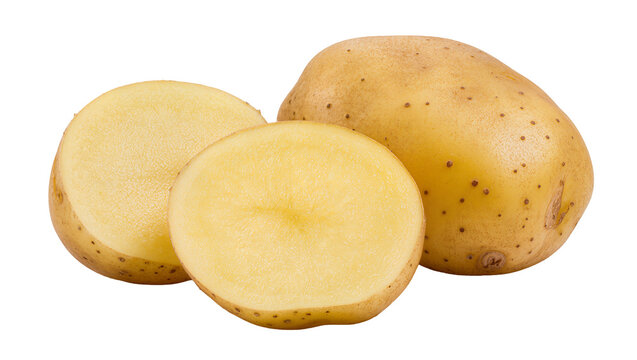 Three raw russet potatoes one halved to reveal starchy flesh, isolated on transparent background for culinary recipe designs and food advertising