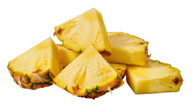 Freshly cut golden pineapple chunks with juicy fibrous texture, isolated on transparent background for tropical food marketing and healthy recipes
