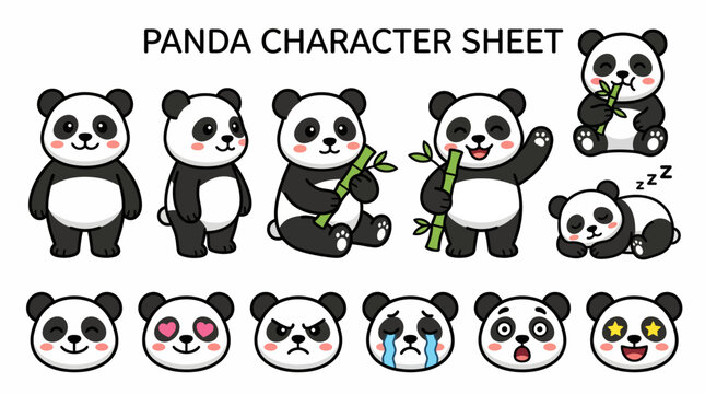 Cute panda character sheet with various poses and facial expressions including eating bamboo sleeping and waving
