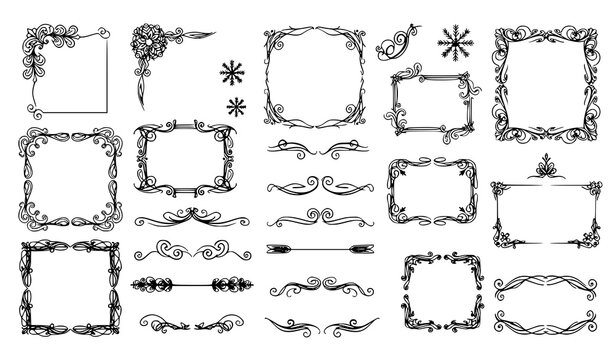 Vintage winter floral frames and snowflake dividers vector collection with decorative holiday ornaments