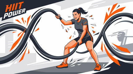Fototapeta premium Dynamic female athlete performing HIIT battle rope workout flat vector illustration