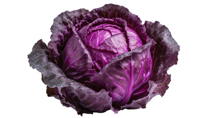 Obraz premium Vibrant purple Savoy cabbage head with deeply textured ruffled leaves, isolated on transparent background for healthy food advertising
