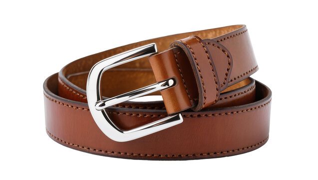 Classic brown leather belt with shiny silver buckle meticulously crafted for fashion and accessory design, isolated on transparent background