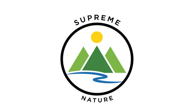 Supreme Nature Logo Design Featuring Mountains River and Sun.