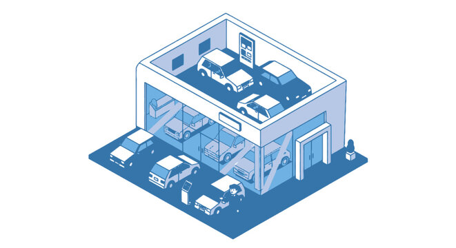 Isometric view of a car dealership, showcasing cars inside and out with a person